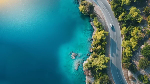 Aerial View Coastal Road Trees Flipped