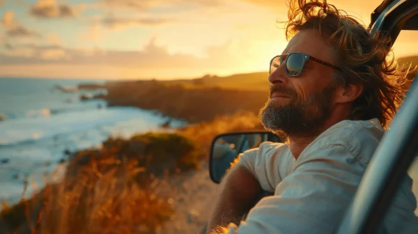 A relaxed man with sunglasses enjoying a sunset view by the ocean from his car window.